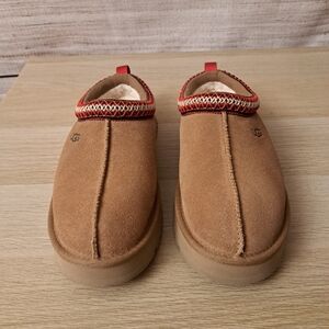 UGG Cozy Suede Slide Mules in Chestnut with Red Trim
